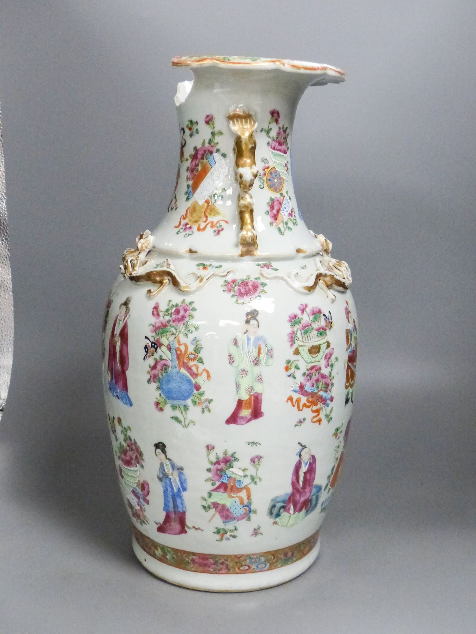 A Chinese famille rose vase, 19th century, neck a/f, 42.5cm